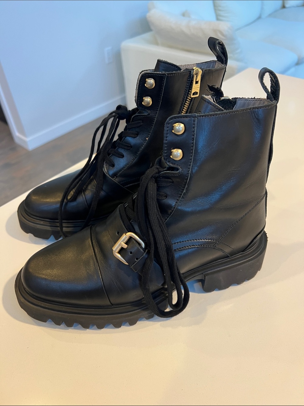 All Saints tori black leather lace up combat boot with buckle lug sole 39